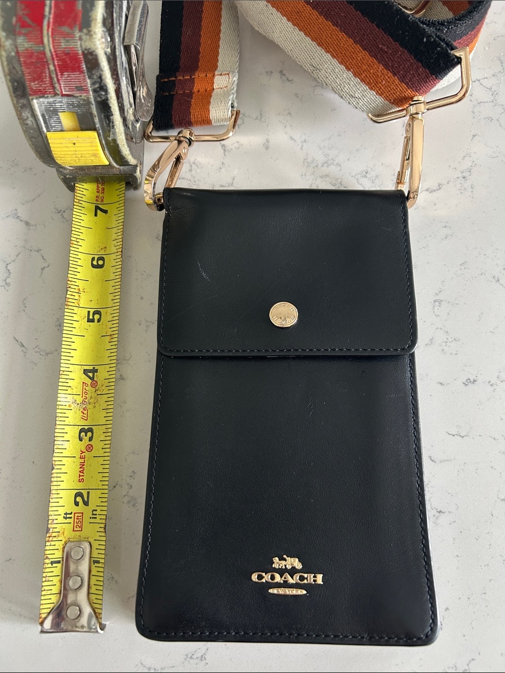 Coach Black Leather Crossbody Phone Pouch with Striped Strap